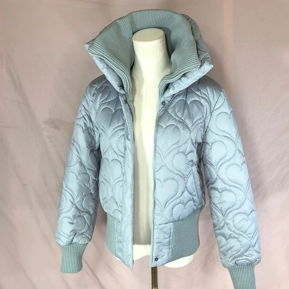 Light Grey Quilted Heart Bomber Jacket Size Medium